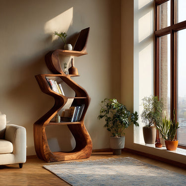 Sculptural Wooden Bookshelf For Living Room Corner