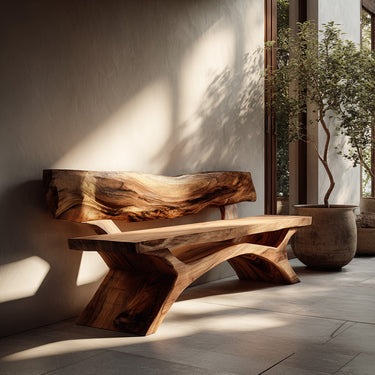 Contemporary Wooden Bench With Live Edge Backrest For Living Room