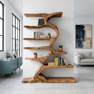 Organic Sculptural Wooden Bookshelf With Tiers For Living Room