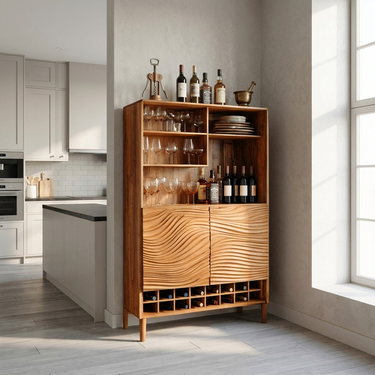 Sculptural Bar Cabinet With Wave Doors And Wine Storage For Kitchen