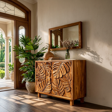 Modern Wooden Sideboard With Leaf Carved Doors For Home