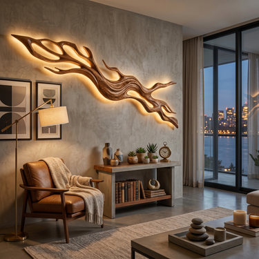 Rustic Wood Wall Light With Undulating Shape For Bedroom Decor