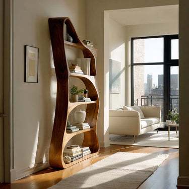 Modern Sculptural Natural Wood Bookshelf For Living Room