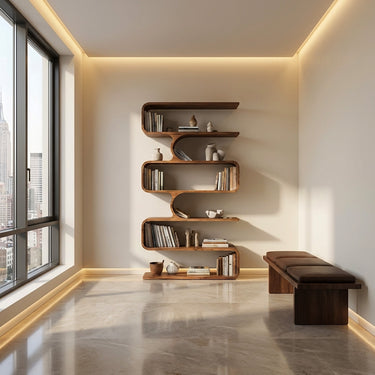 Handcrafted Wooden Bookshelf With Sculpture Edges For Living Room