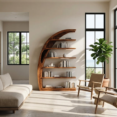 Minimal Curved Wooden Bookshelf For Living Room Display