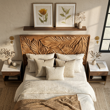 Coastal Botanical Wood Headboard For Organic Bedroom Decor