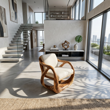 Sculpted Walnut Lounge Chair in a Grand Luxury Living Space
