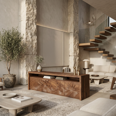 Organic TV Stand With Mountain Relief Doors For Contemporary Living