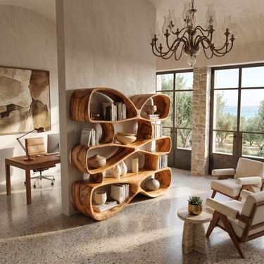 Contemporary Biomorphic Wooden Bookshelf In Fluid Design