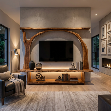Wooden TV Cabinet With Sculptural Branch Frame For Modern Living