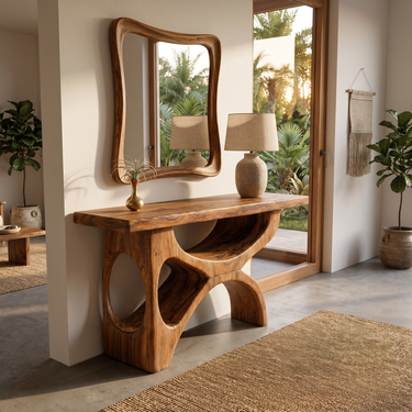 Modern Wooden Console Table With Sculptural Base For Living Decor