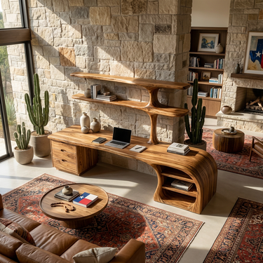 Organic Wood Desk With Sculptural Open Shelves For Home Workspace