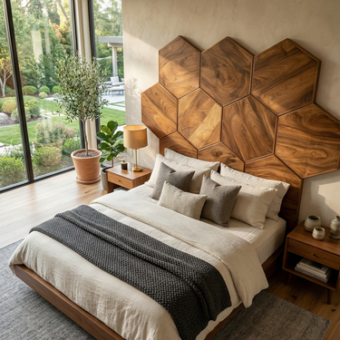 Geometric Hexagon Wood Headboard For Contemporary Bedroom Interior