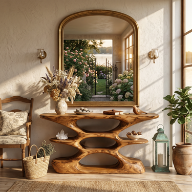 Contemporary Sculptural Wood Console Table With Cutout Shelves For Living