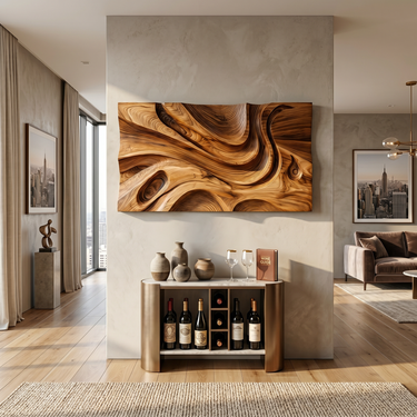 Wooden Wall Art With Hand Carved Wave For Modern Home