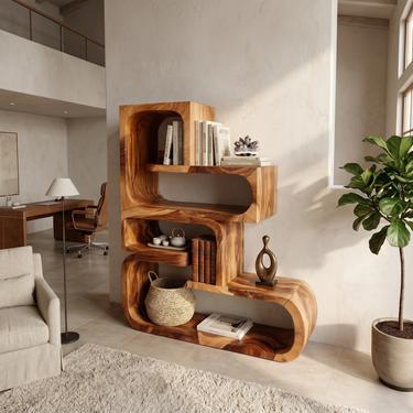 Contemporary Wave Edge Wooden Bookcase In Natural Finish
