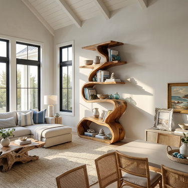 Organic Wooden Wall Bookshelf With Flowing Curves