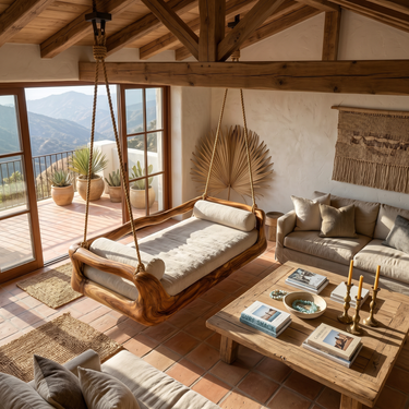 Sculptural Organic Wood Hanging Daybed Swing Penthouse Balcony