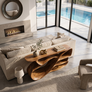 Organic Wooden Console Table With Hollow Compartments For Living Decor