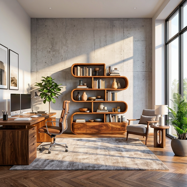 Organic Wooden Bookshelf With Flowing Form For Home Interior