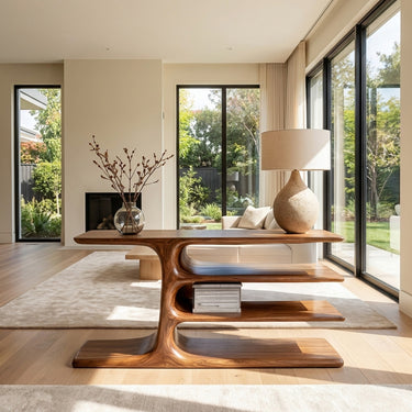 Organic Wooden Console Table With Layered Shelving For Hallway