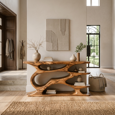 Rustic Wooden Console Table With Curved Open Storage For Living