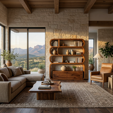 Modern Natural Wood Bookshelf With Curved Structure For Living Room