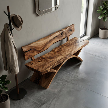 Organic Live Edge Bench With Sculptural Base For Entryway