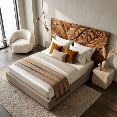 Organic Leaf Relief Wood Headboard For Minimal Bedroom