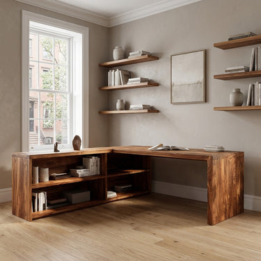 Modern Curved Natural Wood L Desk For Minimalist Office
