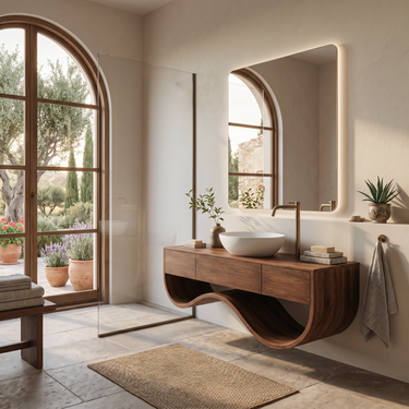 Luxury Bathroom Vanity Cabinet With Undulating Open Shelf For Bath