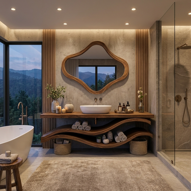 Luxury Bathroom Vanity With Flowing Wave Open Shelves For Bath