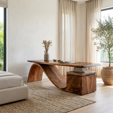 Organic Wooden Desk With Undulating Base For Home Office