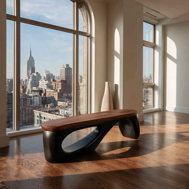 Organic Wooden Bench With Curved Black Base For Home Decor