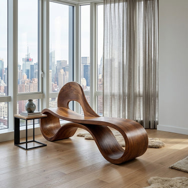Artistic Wooden Bench With Flowing Sculpture For Luxury Interior