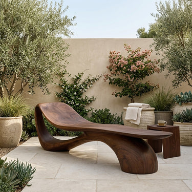 Modern Wooden Bench With Curved Sculptural For Living Decor