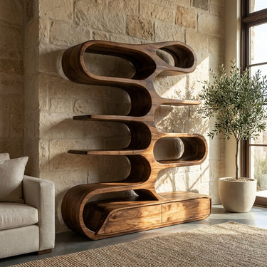 Minimalist Sculptural Bookshelf With Rounded Compartments For Reading Room