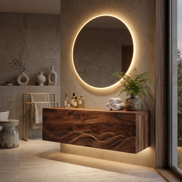 Handcrafted Bathroom Vanity With Wave Relief Wood Cabinet For Bathroom