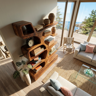 Contemporary Wooden Bookshelf Sculpted Design For Living Space