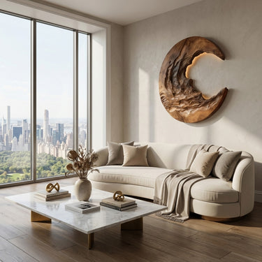 Organic Modern Crescent Wood Wall Art With Light For Living Room