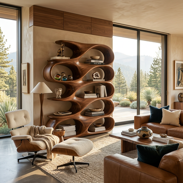 Modern Sculptural Bookshelf With Carved Flowing Shelves For Home
