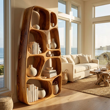 Handcrafted Wooden Sculptural Bookshelf For Living Room