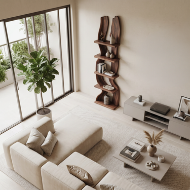 Modern Rustic Standing Shelf With Curved Silhouette For Living Room