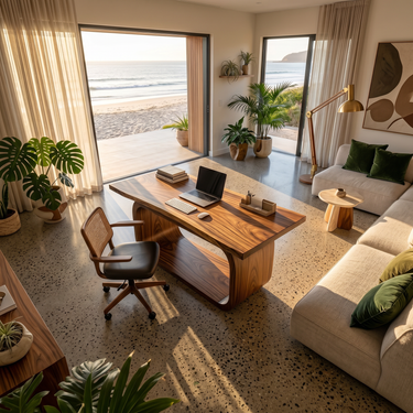 Resort Style Executive Desk With Curved Base For Ocean View Bedroom
