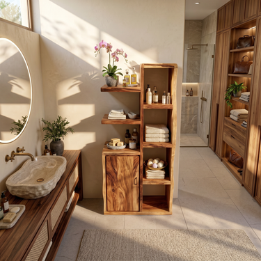 Japandi Open Shelf Storage Cabinet Wellness Suite
