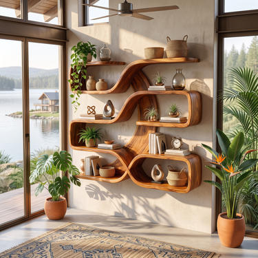 Organic Curved Wood Wall Shelves for Living Room