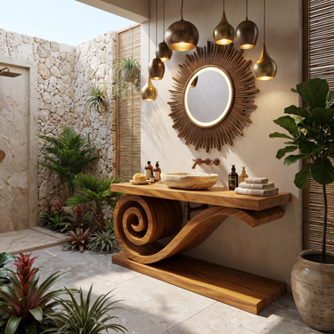 Sculptural Monkeypod Wood Vanity With Vessel Sink Luxury Bathroom
