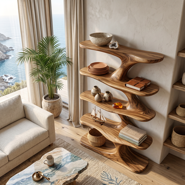 Natural Wood Bookshelf With Decorative Open Shelving For Living Room