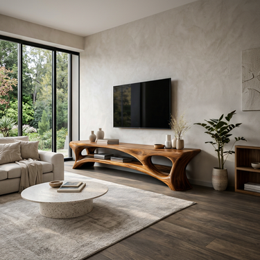 Organic Wood TV Stand With Open Shelf For Living Space