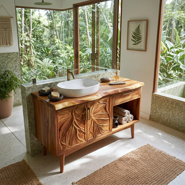 Tropical Wooden Vanity Cabinet With Carved Doors Spa Bathroom